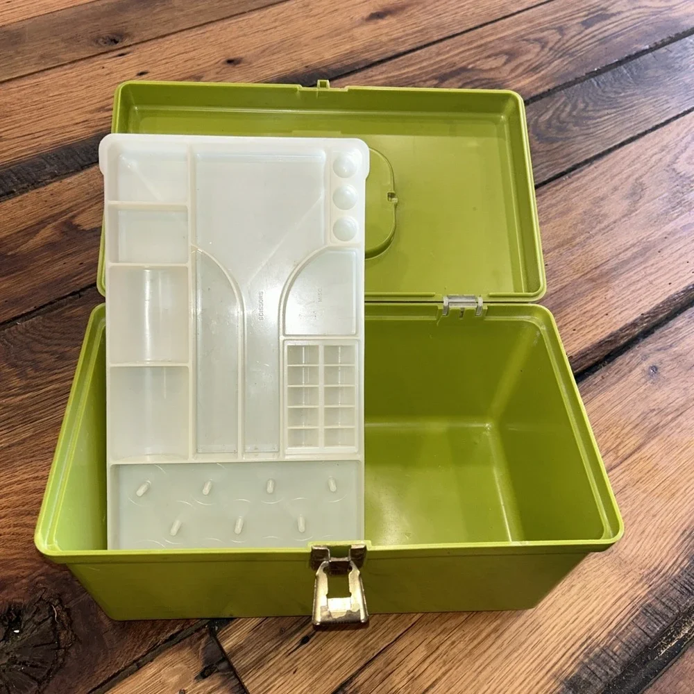 Vintage 70s Wilson Wil-hold Sewing Box Avocado Green W/ Button & Accessory Tray